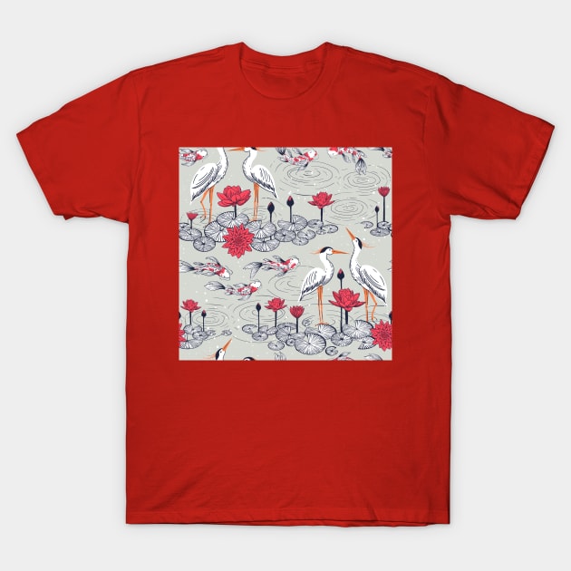 Koi fishes - Japanese carps, water lilies and cranes. T-Shirt by RenattaZare